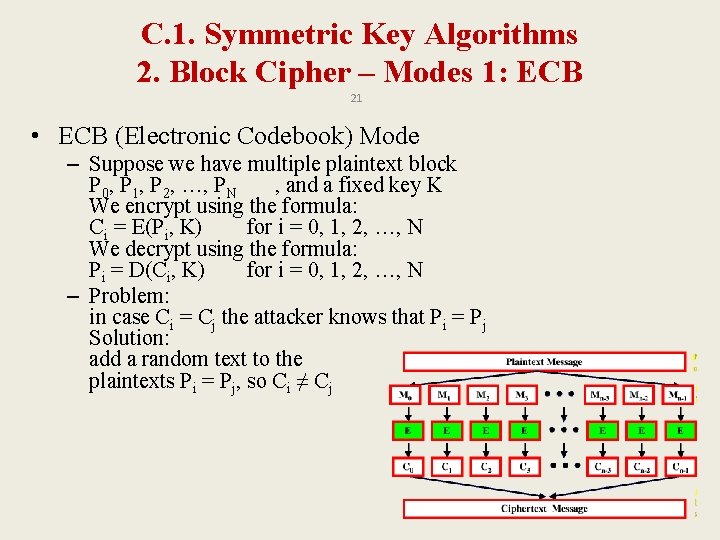 C. 1. Symmetric Key Algorithms 2. Block Cipher – Modes 1: ECB 21 •