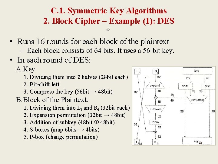 C. 1. Symmetric Key Algorithms 2. Block Cipher – Example (1): DES 42 •