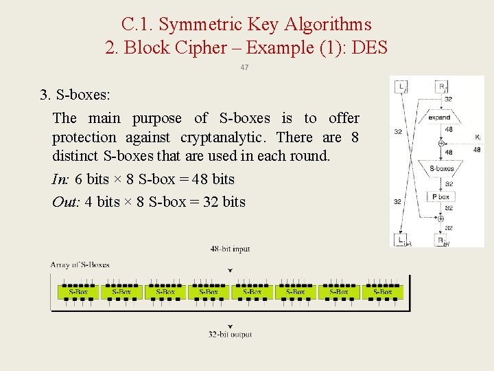 C. 1. Symmetric Key Algorithms 2. Block Cipher – Example (1): DES 47 3.