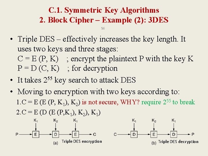C. 1. Symmetric Key Algorithms 2. Block Cipher – Example (2): 3 DES 56