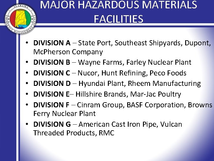 MAJOR HAZARDOUS MATERIALS FACILITIES • DIVISION A – State Port, Southeast Shipyards, Dupont, Mc.
