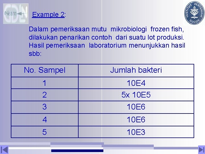 Example 2: Dalam pemeriksaan mutu mikrobiologi frozen fish, dilakukan penarikan contoh dari suatu lot