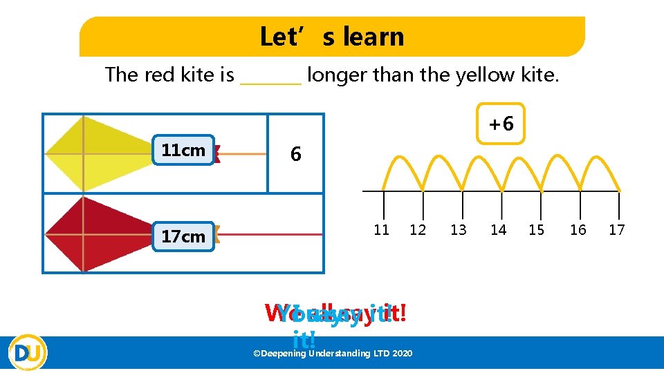 Let’s learn The red kite is _______ longer than the yellow kite. +6 11