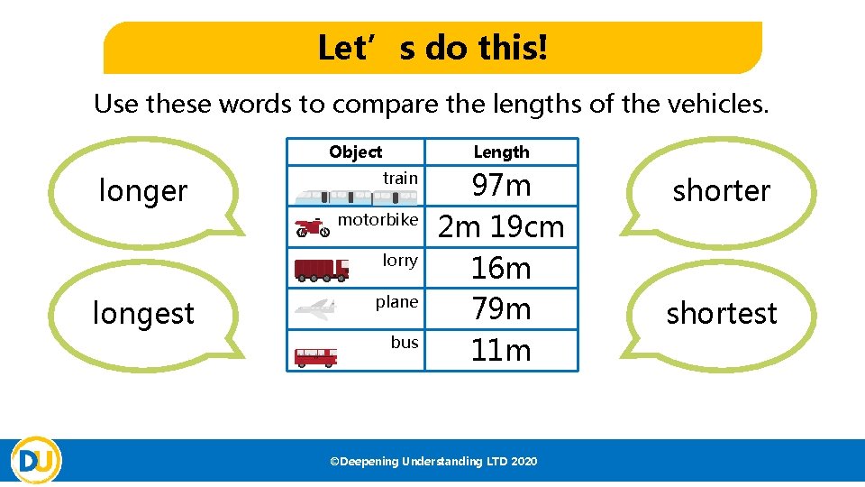 Let’s do this! Use these words to compare the lengths of the vehicles. Object