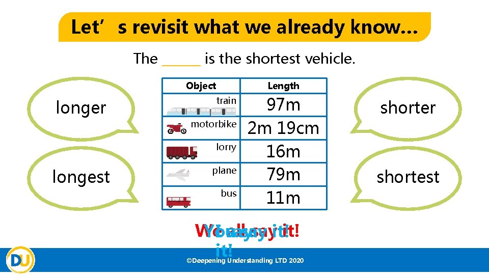 Let’s revisit what we already know… The ______ is the shortest vehicle. Object longer