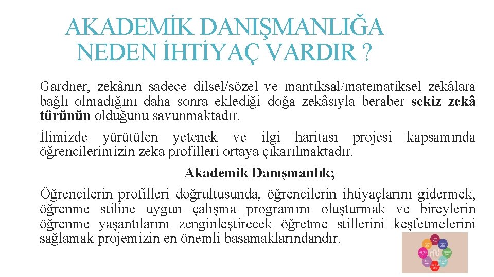 AKADEMİK DANIŞMANLIĞA NEDEN İHTİYAÇ VARDIR ? Gardner, zekânın sadece dilsel/sözel ve mantıksal/matematiksel zekâlara bağlı