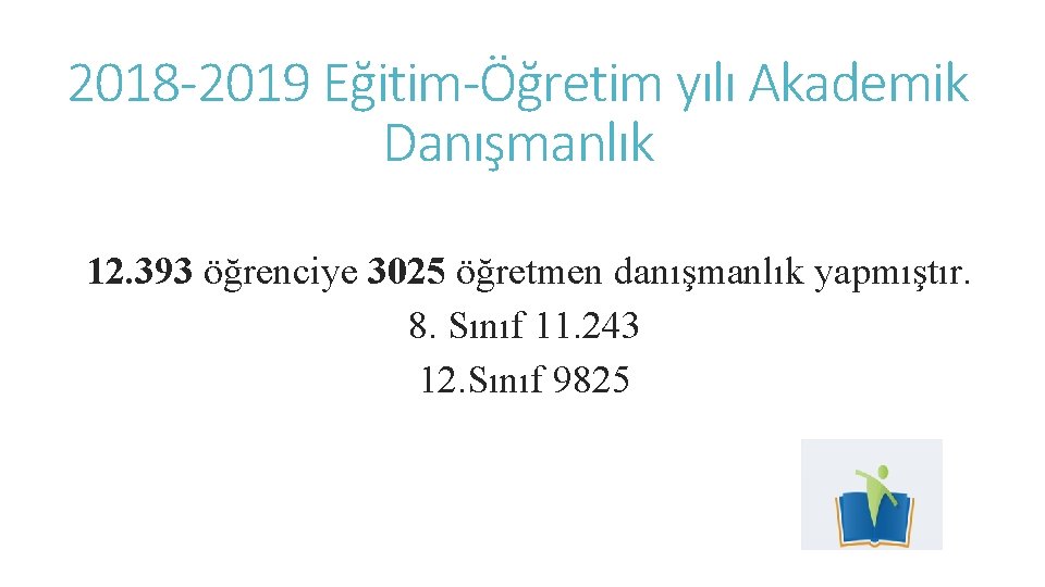 2018 -2019 Eğitim-Öğretim yılı Akademik Danışmanlık 12. 393 öğrenciye 3025 öğretmen danışmanlık yapmıştır. 8.