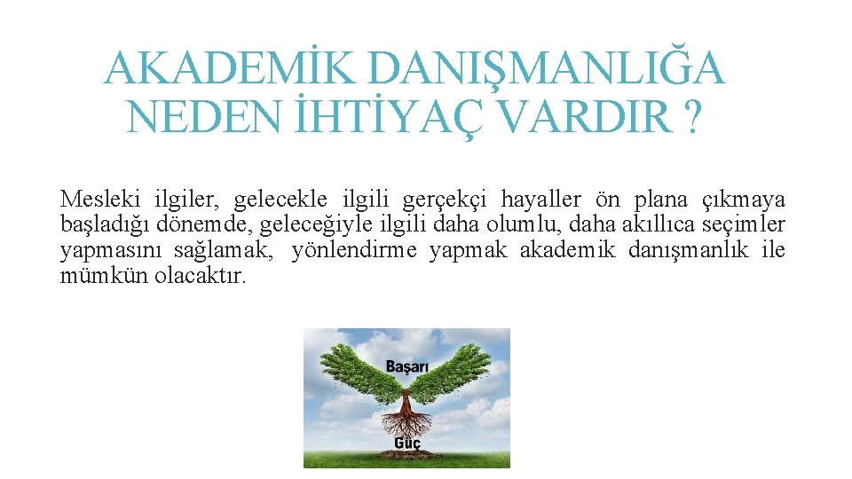 AKADEMİK DANIŞMANLIĞA NEDEN İHTİYAÇ VARDIR ? Mesleki ilgiler, gelecekle ilgili gerçekçi hayaller ön plana