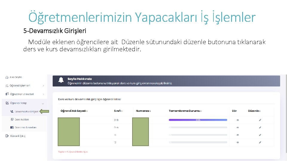 Öğretmenlerimizin Yapacakları İş İşlemler 5 -Devamsızlık Girişleri Modüle eklenen öğrencilere ait Düzenle sütunundaki düzenle