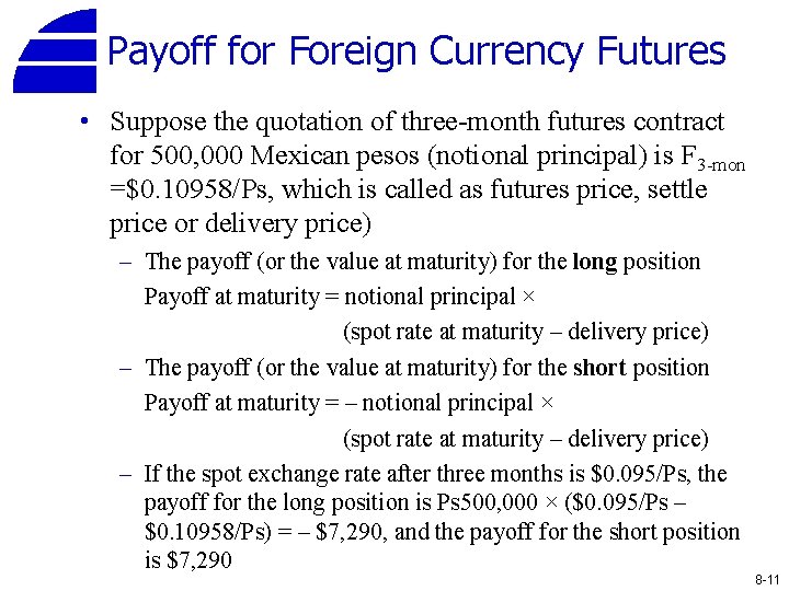 Payoff for Foreign Currency Futures • Suppose the quotation of three-month futures contract for