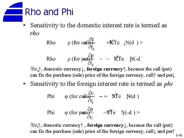 Rho and Phi • Sensitivity to the domestic interest rate is termed as rho