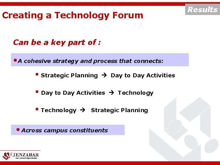 Creating a Technology Forum Can be a key part of : • A cohesive
