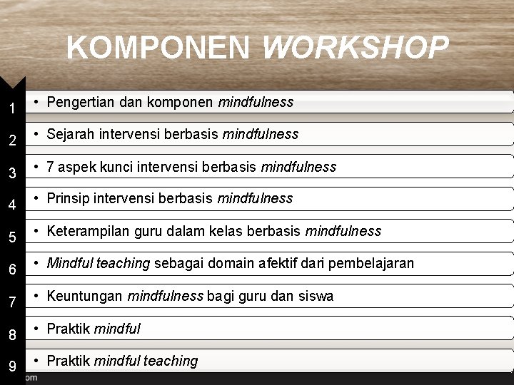 KOMPONEN WORKSHOP 1 • Pengertian dan komponen mindfulness 2 • Sejarah intervensi berbasis mindfulness