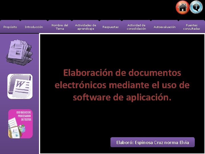 Propósito Introducción Nombre del Tema Actividades de aprendizaje Respuestas Actividad de consolidación Autoevaluación Fuentes