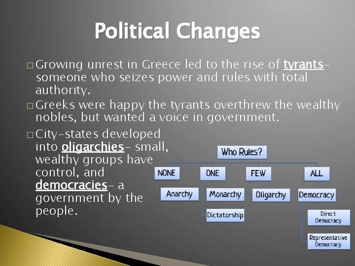 Political Changes � Growing unrest in Greece led to the rise of tyrantssomeone who