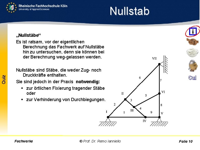Nullstab Quiz „Nullstäbe“ Es ist ratsam, vor der eigentlichen Berechnung das Fachwerk auf Nullstäbe