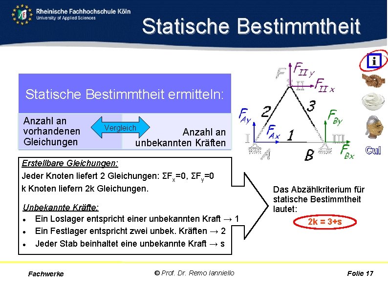 Statische Bestimmtheit ermitteln: Anzahl an vorhandenen Gleichungen Vergleich Anzahl an unbekannten Kräften Erstellbare Gleichungen: