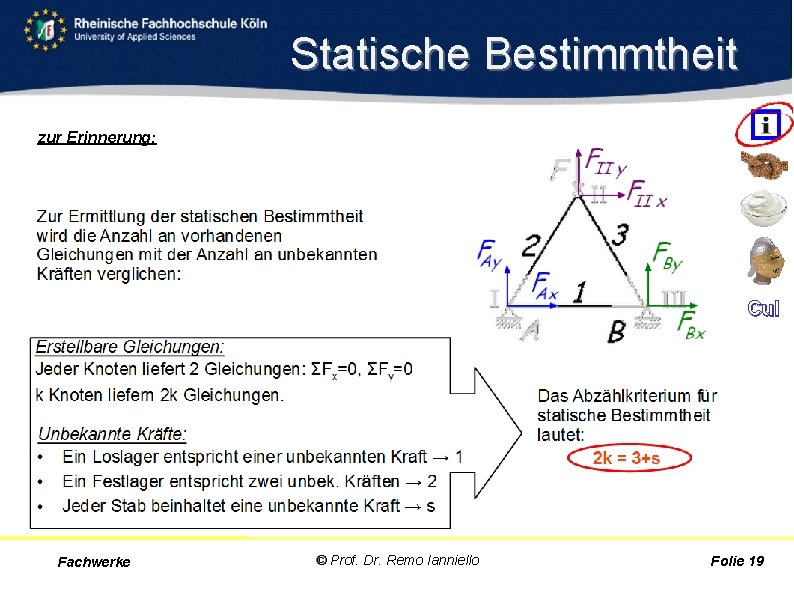 Statische Bestimmtheit zur Erinnerung: Cul Fachwerke © Prof. Dr. Remo Ianniello Folie 19 