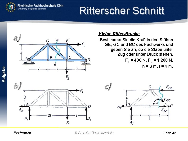 Ritterscher Schnitt Aufgabe Kleine Ritter-Brücke Bestimmen Sie die Kraft in den Stäben GE, GC