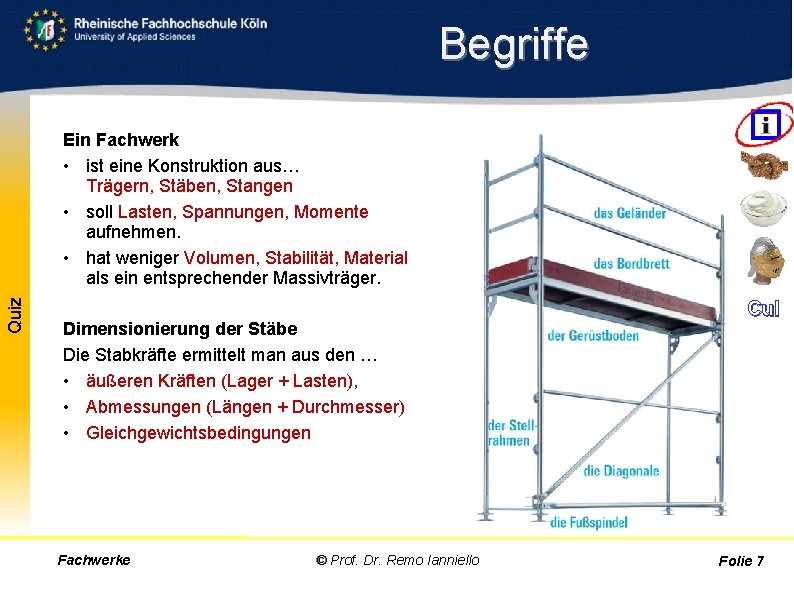 Begriffe Quiz Ein Fachwerk • ist eine Konstruktion aus… Trägern, Stäben, Stangen • soll