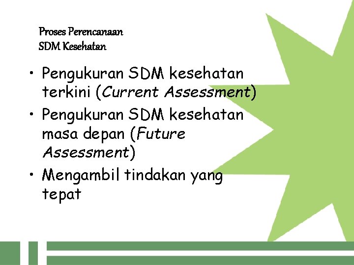 Proses Perencanaan SDM Kesehatan • Pengukuran SDM kesehatan terkini (Current Assessment) • Pengukuran SDM