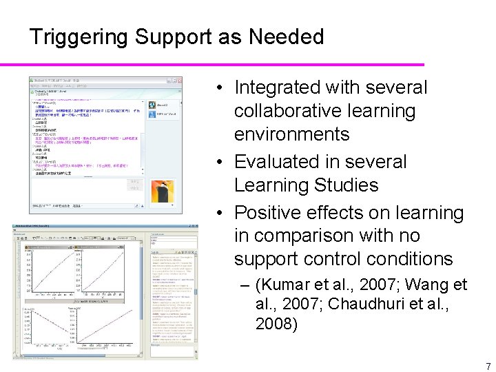 Triggering Support as Needed • Integrated with several collaborative learning environments • Evaluated in