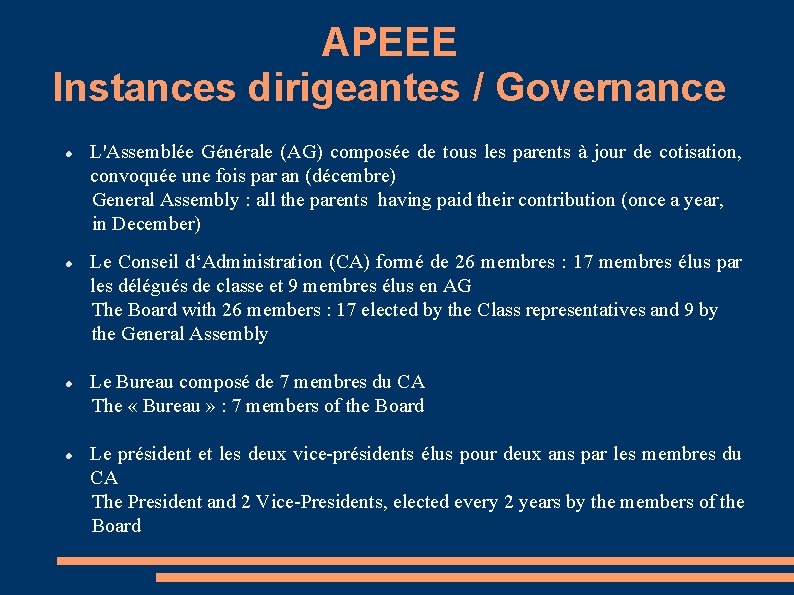 APEEE Instances dirigeantes / Governance L'Assemblée Générale (AG) composée de tous les parents à