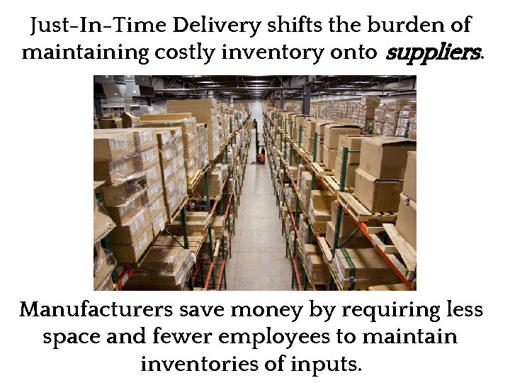 Just-In-Time Delivery shifts the burden of maintaining costly inventory onto suppliers. Manufacturers save money