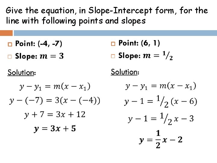 Give the equation, in Slope-Intercept form, for the line with following points and slopes