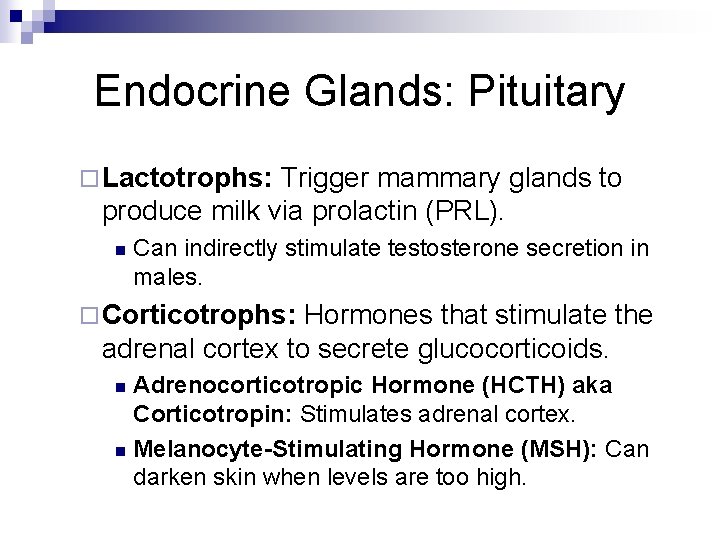 Endocrine Glands: Pituitary ¨ Lactotrophs: Trigger mammary glands to produce milk via prolactin (PRL). Endocrine Glands: Pituitary ¨ Lactotrophs: Trigger mammary glands to produce milk via prolactin (PRL).