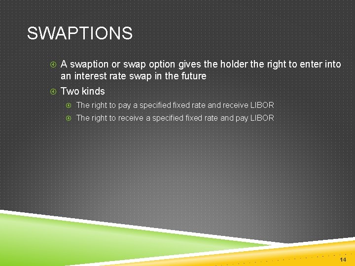 SWAPTIONS A swaption or swap option gives the holder the right to enter into