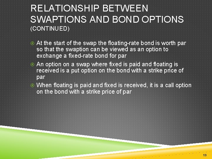 RELATIONSHIP BETWEEN SWAPTIONS AND BOND OPTIONS (CONTINUED) At the start of the swap the