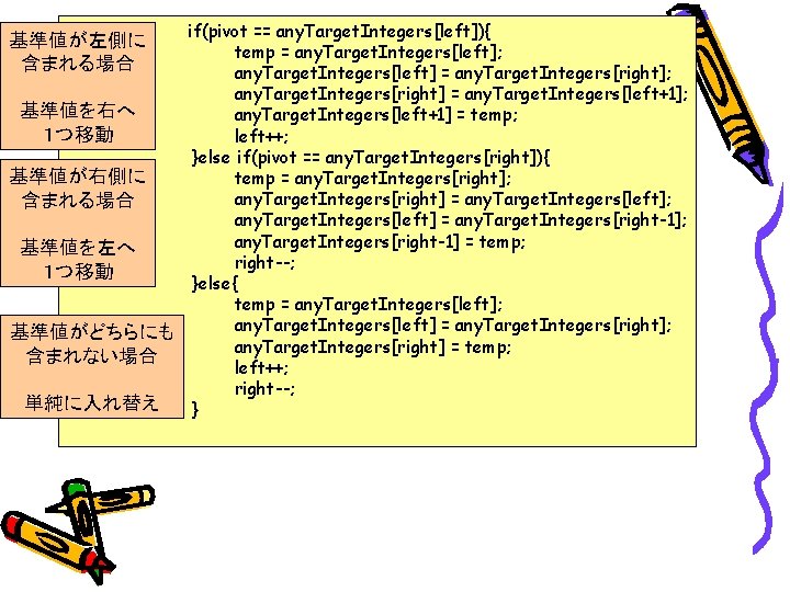 if(pivot == any. Target. Integers[left]){ temp = any. Target. Integers[left]; any. Target. Integers[left] =