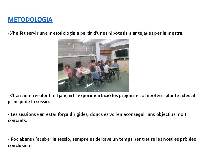 METODOLOGIA -S’ha fet servir una metodologia a partir d’unes hipòtesis plantejades per la mestra.