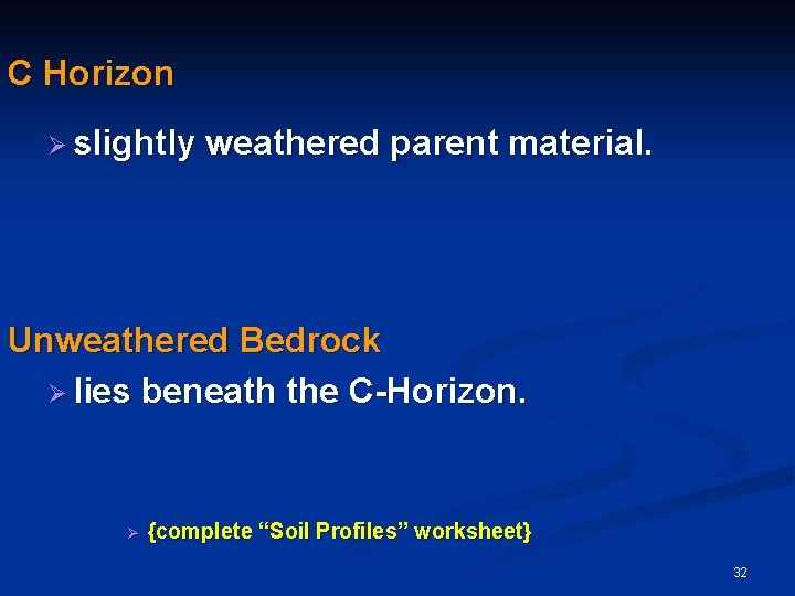 C Horizon Ø slightly weathered parent material. Unweathered Bedrock Ø lies beneath the C-Horizon. C Horizon Ø slightly weathered parent material. Unweathered Bedrock Ø lies beneath the C-Horizon.