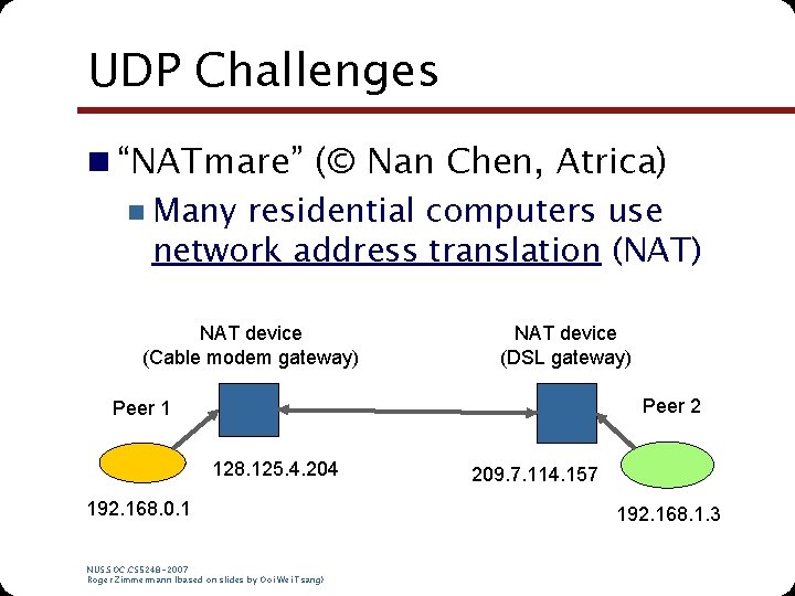 UDP Challenges n “NATmare” (© Nan Chen, Atrica) n Many residential computers use network