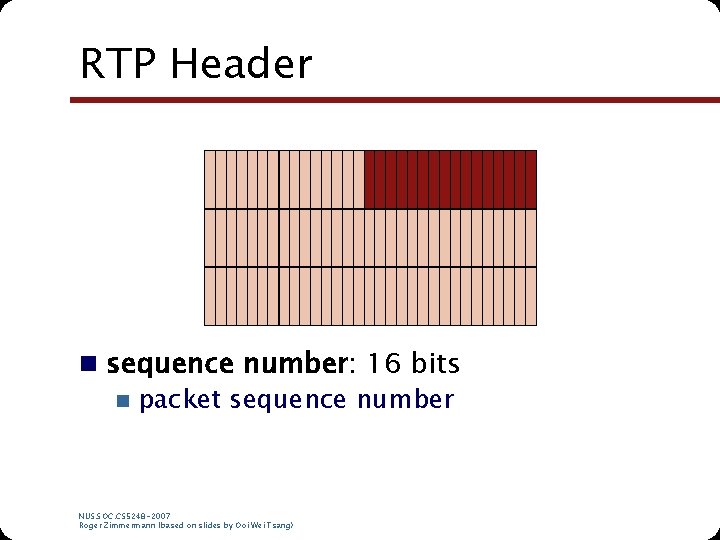 RTP Header n sequence number: 16 bits n packet sequence number NUS. SOC. CS