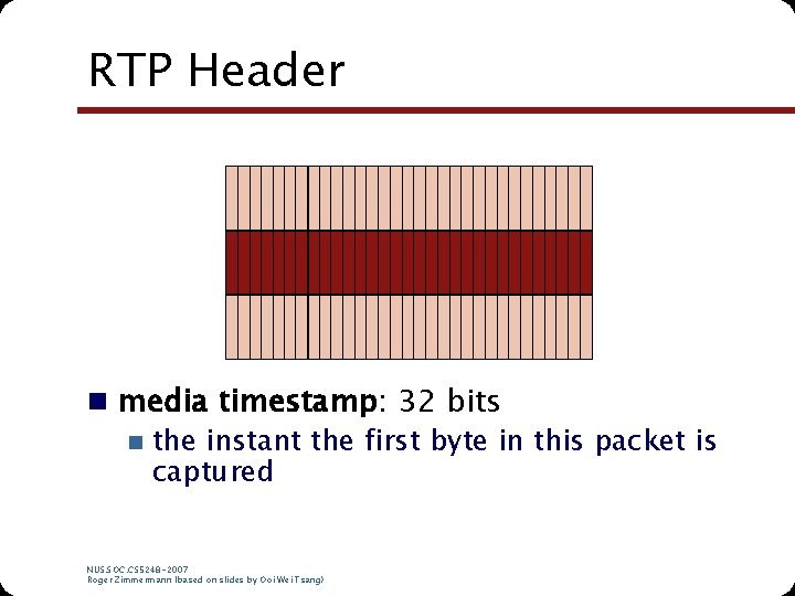 RTP Header n media timestamp: 32 bits n the instant the first byte in