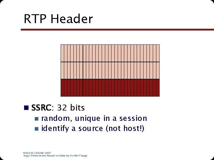 RTP Header n SSRC: 32 bits n random, unique in a session n identify