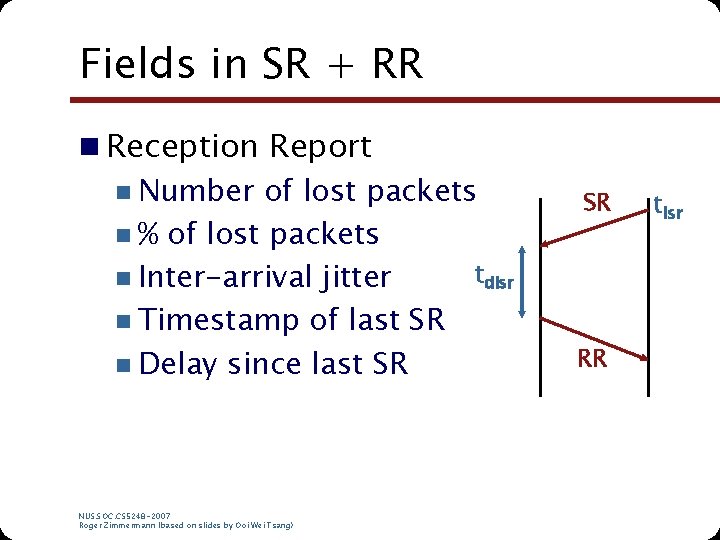 Fields in SR + RR n Reception Report n Number of lost packets n