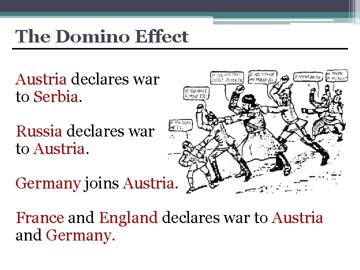 The Domino Effect Austria declares war to Serbia Russia declares war to Austria Germany