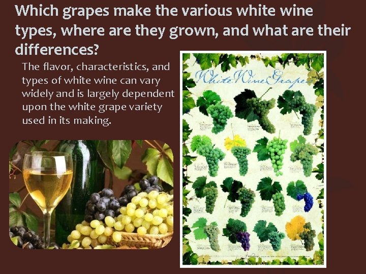 Which grapes make the various white wine types, where are they grown, and what