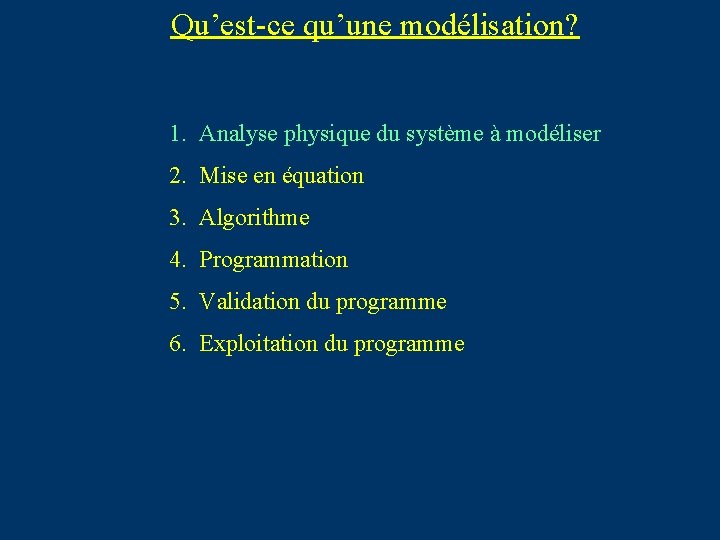 Qu’est-ce qu’une modélisation? 1. Analyse physique du système à modéliser 2. Mise en équation