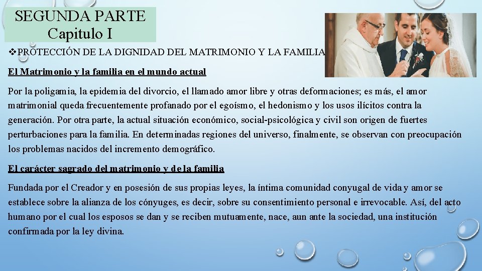 SEGUNDA PARTE Capitulo I v. PROTECCIÓN DE LA DIGNIDAD DEL MATRIMONIO Y LA FAMILIA