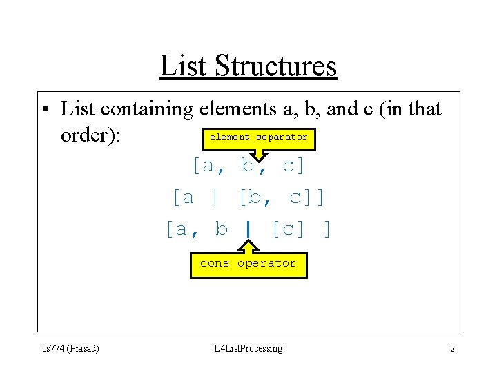 List Structures • List containing elements a, b, and c (in that element separator