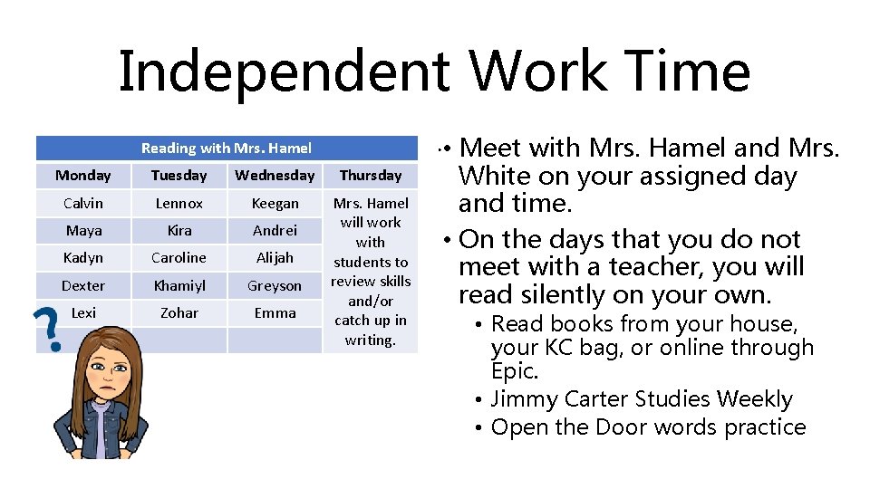Independent Work Time. • Meet with Mrs. Hamel and Mrs. Reading with Mrs. Hamel
