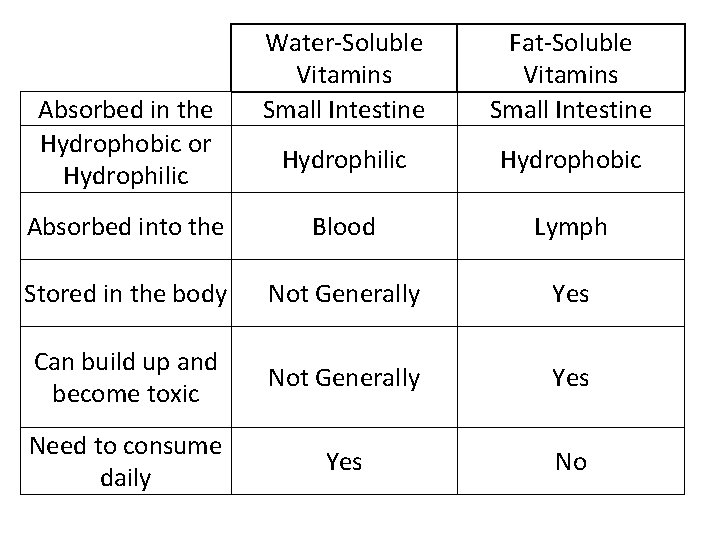 Water-Soluble Vitamins Small Intestine Fat-Soluble Vitamins Small Intestine Hydrophilic Hydrophobic Absorbed into the Blood