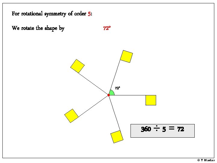 For rotational symmetry of order 5: We rotate the shape by 72° 360 ÷