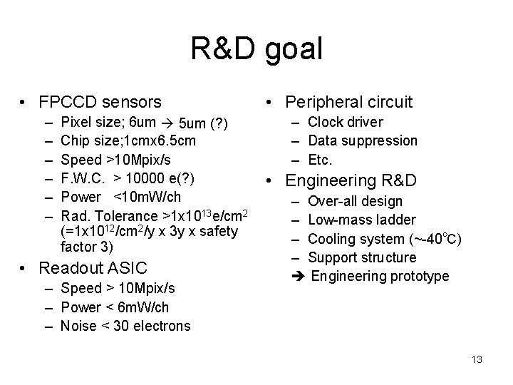 R&D goal • FPCCD sensors – – – Pixel size; 6 um 5 um