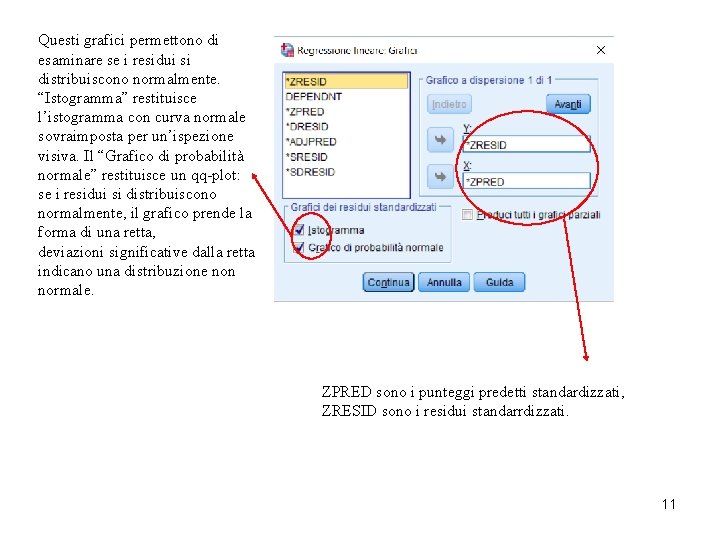 Questi grafici permettono di esaminare se i residui si distribuiscono normalmente. “Istogramma” restituisce l’istogramma